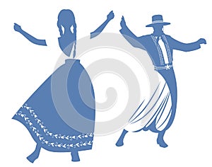 Silhouettes of gaucho and woman with braids dancing typical dance of South America photo