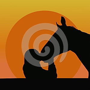 Silhouettes of a girl kissing a horse