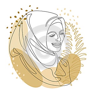 Silhouettes of a girl`s head and a leaf of a plant. Lady in hijab, scarf, arabic muslim headdress, headscarf. Female face in moder