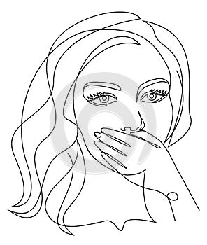 Silhouettes of a girl`s head in a modern one line style. The lady covered her face and mouth with the palm of her hand. Continuous