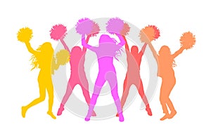 Silhouettes of girls cheerleaders with pom-poms. Vector illustration