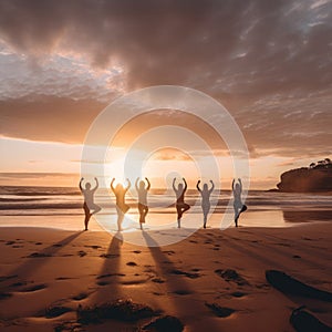 Silhouettes of girls doing yoga on the sand of a sunset beach with surf and sun