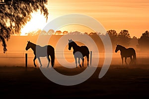 Silhouettes of graceful horses in field at dawn. Generative AI