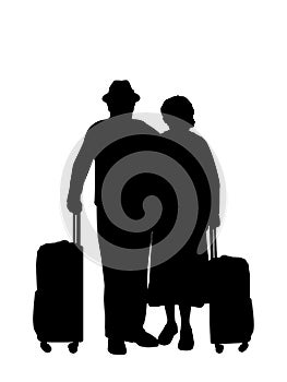 Silhouettes grandparent couple travel with suitcase.