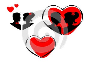 Silhouettes of groom and bride in heart. Icons set. Vector