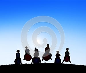 Silhouettes Group of Children Playing Balls