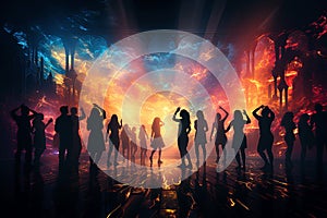 silhouettes of a group of happy people dancing on the dance floor at a music concert in nightclub. Crowd of people under