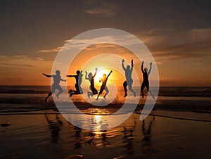 Silhouettes of a group of people on the beach, joyfully jumping up against the backdrop of the setting sun. The scene is