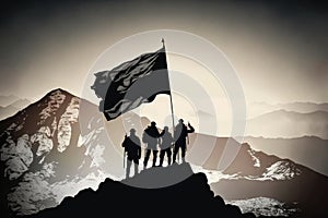 silhouettes of group of people holding a flag on the top of the mountain, hands up. generative ai