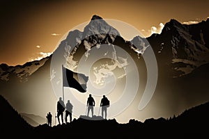 silhouettes of group of people holding a flag on the top of the mountain, hands up. generative ai