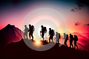 silhouettes Group of people on peak mountain climbing. Generative AI