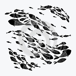 Silhouettes of groups of sea fishes. Colony of small fish. Icon with river inhabitants. Black and white drawing of