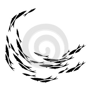 Silhouettes of groups of sea fishes. Colony of small fish. Icon with river taxers. Stylized logo. Black and white