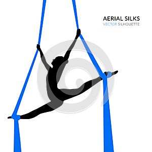 Silhouettes of a gymnast in the aerial silks. Air gymnastics concept