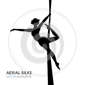 Silhouettes of a gymnast in the aerial silks. Vector illustration on white background. Air gymnastics concept photo