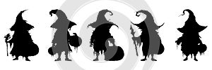 Silhouettes of Halloween characters holding pumpkin lanterns in a witch hat and cloak. Vector isolated illustration