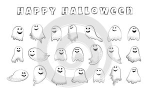 silhouettes of halloween ghost with scary and funny smiling face, cartoon vector
