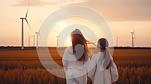 Silhouettes of Happy family mother and child daughter for hand and looking on windmill field at sunrise.windmills for