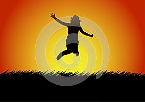 Silhouettes happy jumping women with the light of sunset  background, vector illustration