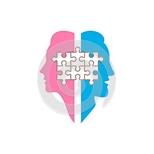 Silhouettes of the head of a man and a woman with a puzzle. Vector illustration.
