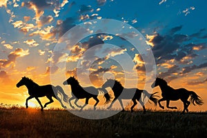 Silhouettes of herd of horses galloping across field at sunset