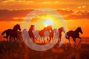 Silhouettes of herd of horses galloping across field at sunset