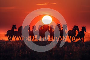 Silhouettes of herd of horses galloping across field at sunset