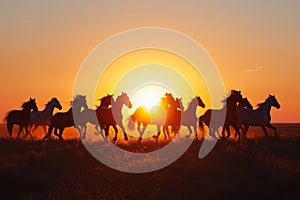 Silhouettes of herd of horses galloping across field at sunset