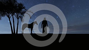 Silhouettes of a horse and a bedouin arab on the background of a starry night in the desert