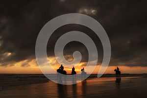 Silhouettes of the horse riders on the beach at sunset.