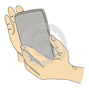 Silhouettes of human hands with a telephone in a modern one line style. Vector illustration.