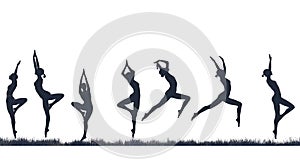 Silhouettes of individuals in various yoga poses against a white background