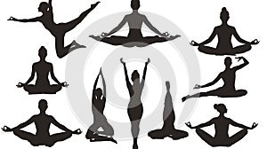 Silhouettes of individuals in various yoga poses, promoting balance and tranquility photo