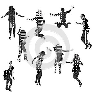 Silhouettes of jumping children with geometric pattern