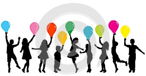 Silhouettes of kids with colored balloons