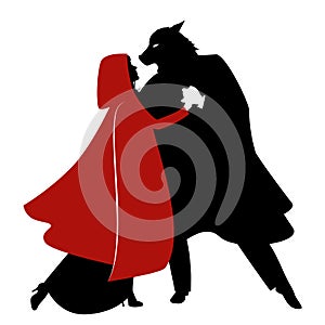 Silhouettes of Little Red Riding Hood and the Wolf dancing isolated