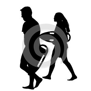 Silhouettes of male and female lifeguards holding rescue cans