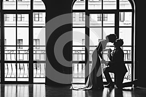 Silhouettes of a man in a suit and women in a dress and with a bouquet of flowers. The man knelt down in front of his