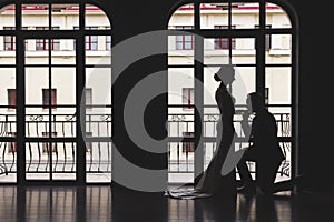 Silhouettes of a man in a suit and women in a dress and with a bouquet of flowers. The man knelt down in front of his