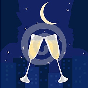 Silhouettes Of A Man And A Woman Against The Night Sky In The Light Of The Moon And Stars. Festive Glasses With Champagne