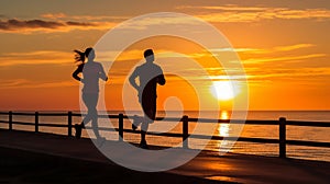 Silhouettes of man and woman running at sunset near seaside