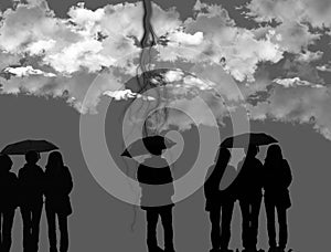 Silhouettes of many people holding opened umbrellas against cloudy sky and  lightning. Rainy weather thunderstorm forecast.