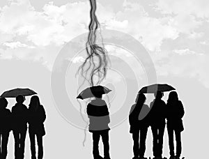 Silhouettes of many people holding opened umbrellas against cloudy sky and  lightning. Rainy weather thunderstorm forecast.