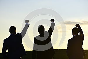 Silhouettes of men putting their fists up. Victory and success