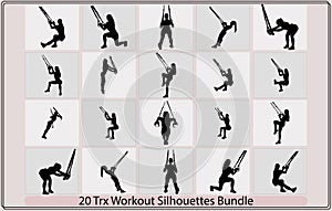 Silhouettes of men and women doing TRX exercises,Man workout using resistance band flat vector illustration