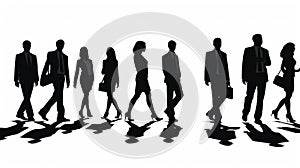 Silhouettes of men and women, a group of standing and walking business people, black color isolated on white background