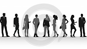 Silhouettes of men and women, a group of standing and walking business people, black color isolated on white background