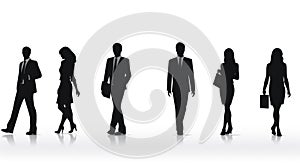 Silhouettes of men and women, a group of standing and walking business people, black color isolated on white background