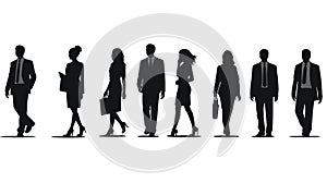 Silhouettes of men and women, a group of standing and walking business people, black color isolated on white background