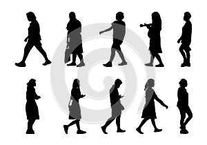 Silhouettes men and women set on white background, Collection people silhouettes walking